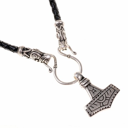 Leather Viking Necklace with Silver Gotlandic Dragon Heads